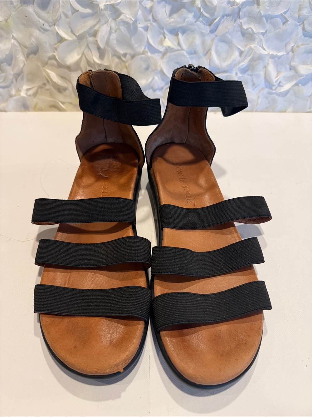 gentle souls Black Elastic Strap Ankle Sandals with Tan Footbed